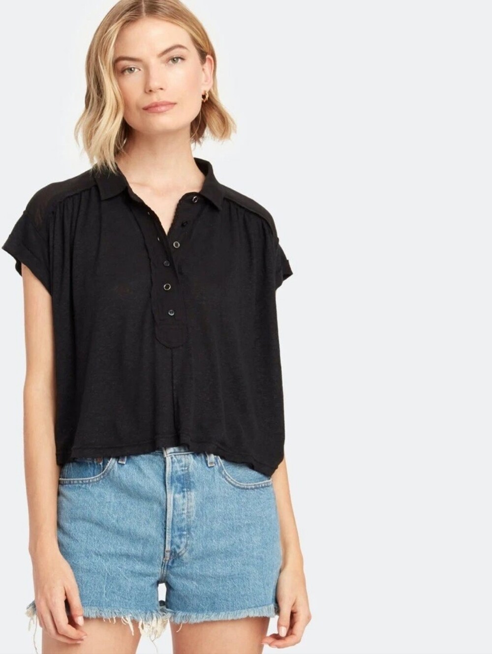 Free People Low Down Henley Oversized Linen Top Dark Gray Size S Boho Coastal